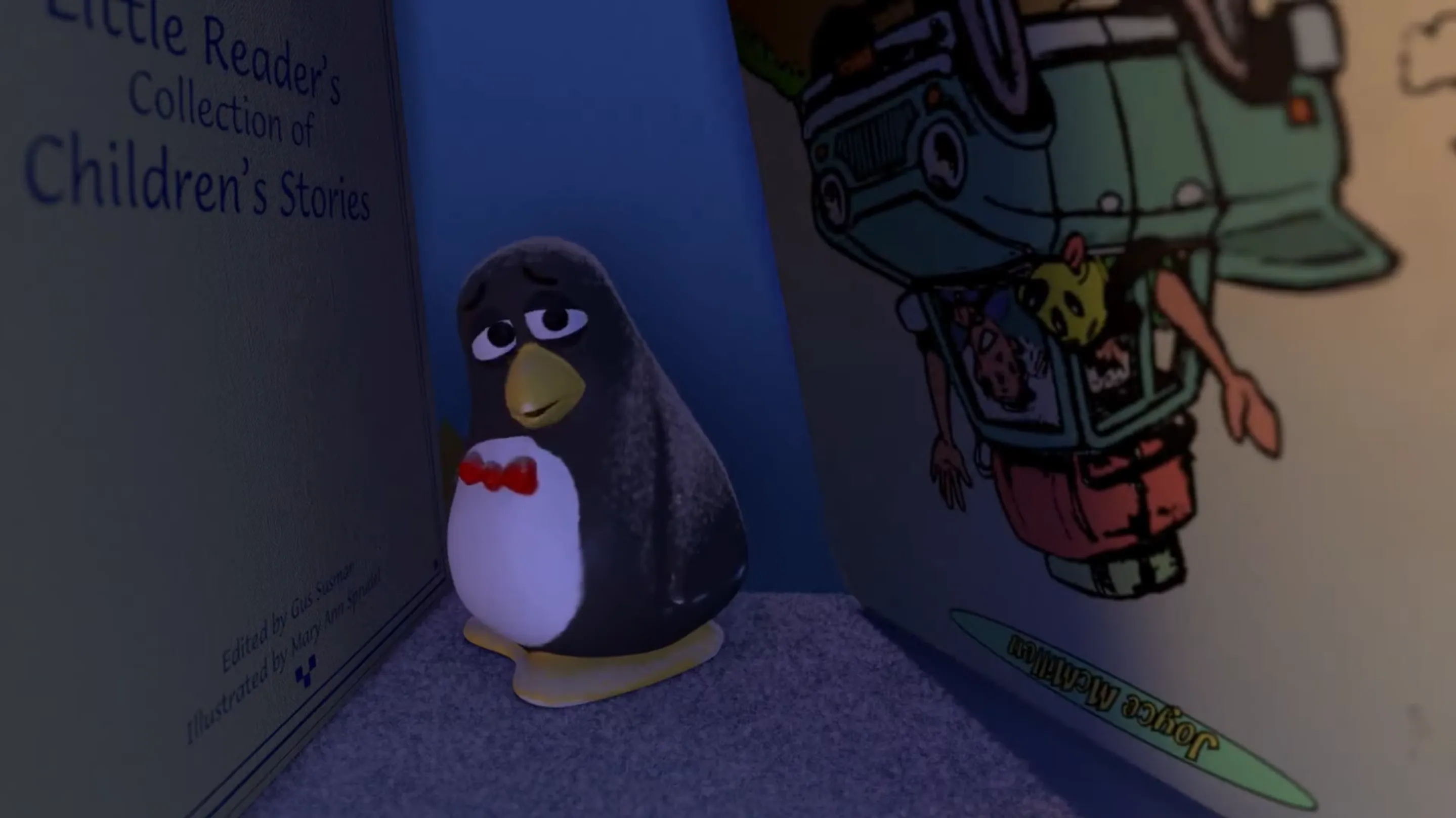 Wheezy, the squeaky penguin from the movie Toy Story 2, looks sadly at the viewer after being forgotten on the dusty shelf